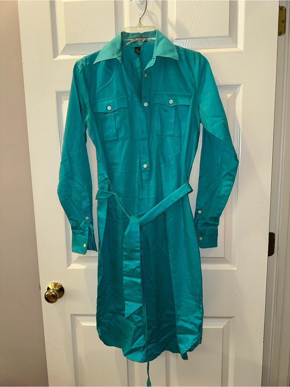 Ralph Lauren Teal Button-Front Shirt Dress with Waist Tie